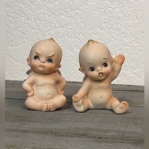 Vintage KEWPIE 3” Bisque Dolls | Set of TWO | Waving and Sad Sitting Dolls EUC